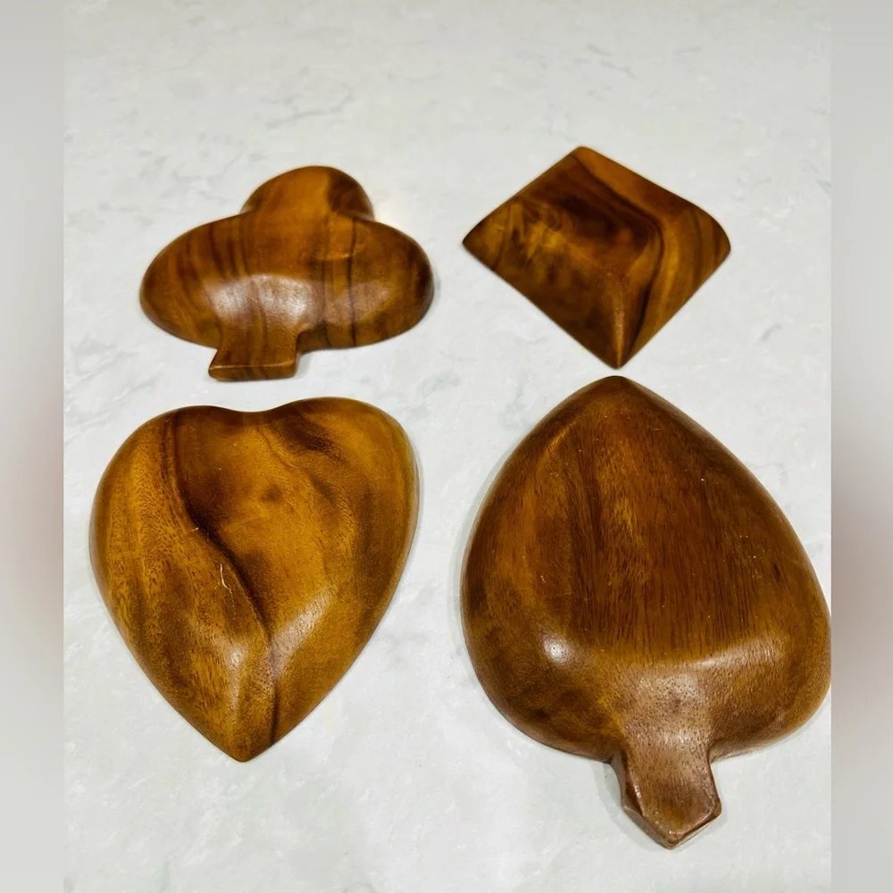 set of 4 vintage monkey pod wood bowls shaped like the suits of a deck of cards
